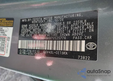 2007 Toyota Camry Se V6 из США, поврежденный, VIN 4T1BK46K87U525776